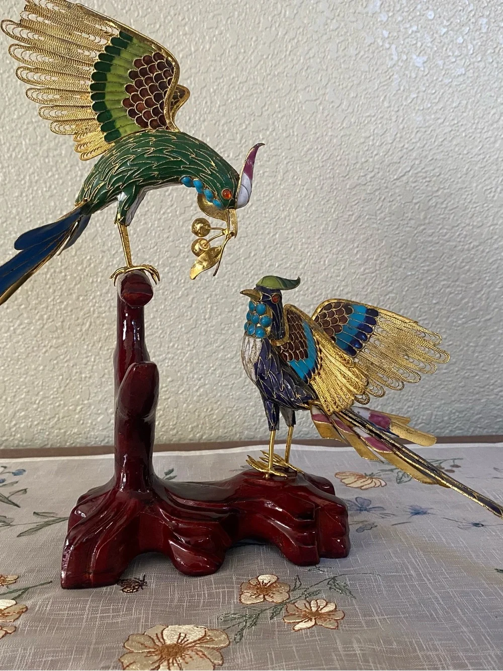 Vtg Cloissonne Multicolor W/ Gold Accent Filigree Birds Sculpture. Handcrafted